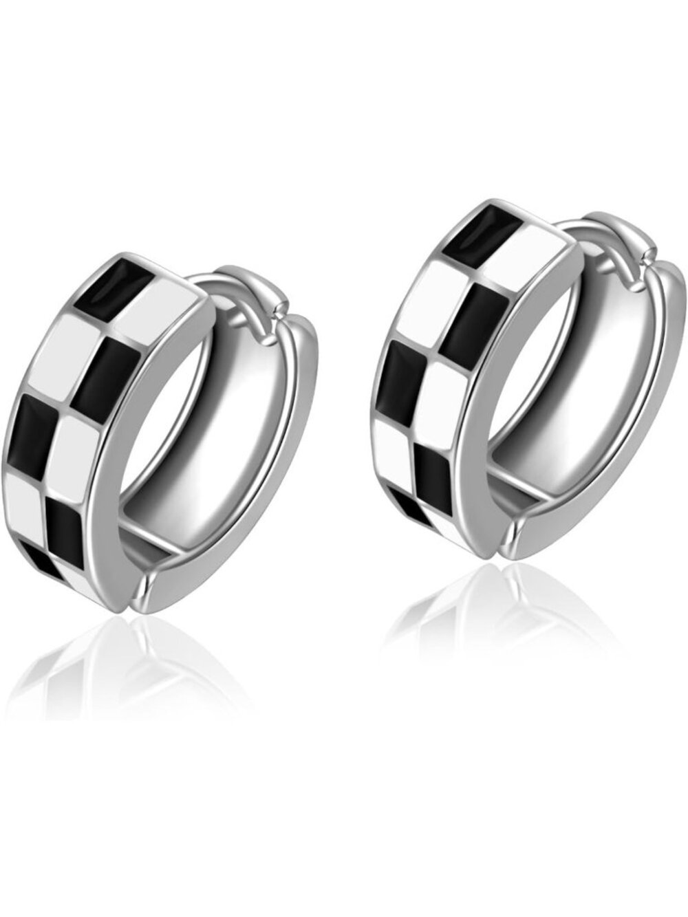Chic Checkerboard Cartilage Hoop Earrings for Women - White, Black & Gold Enamel